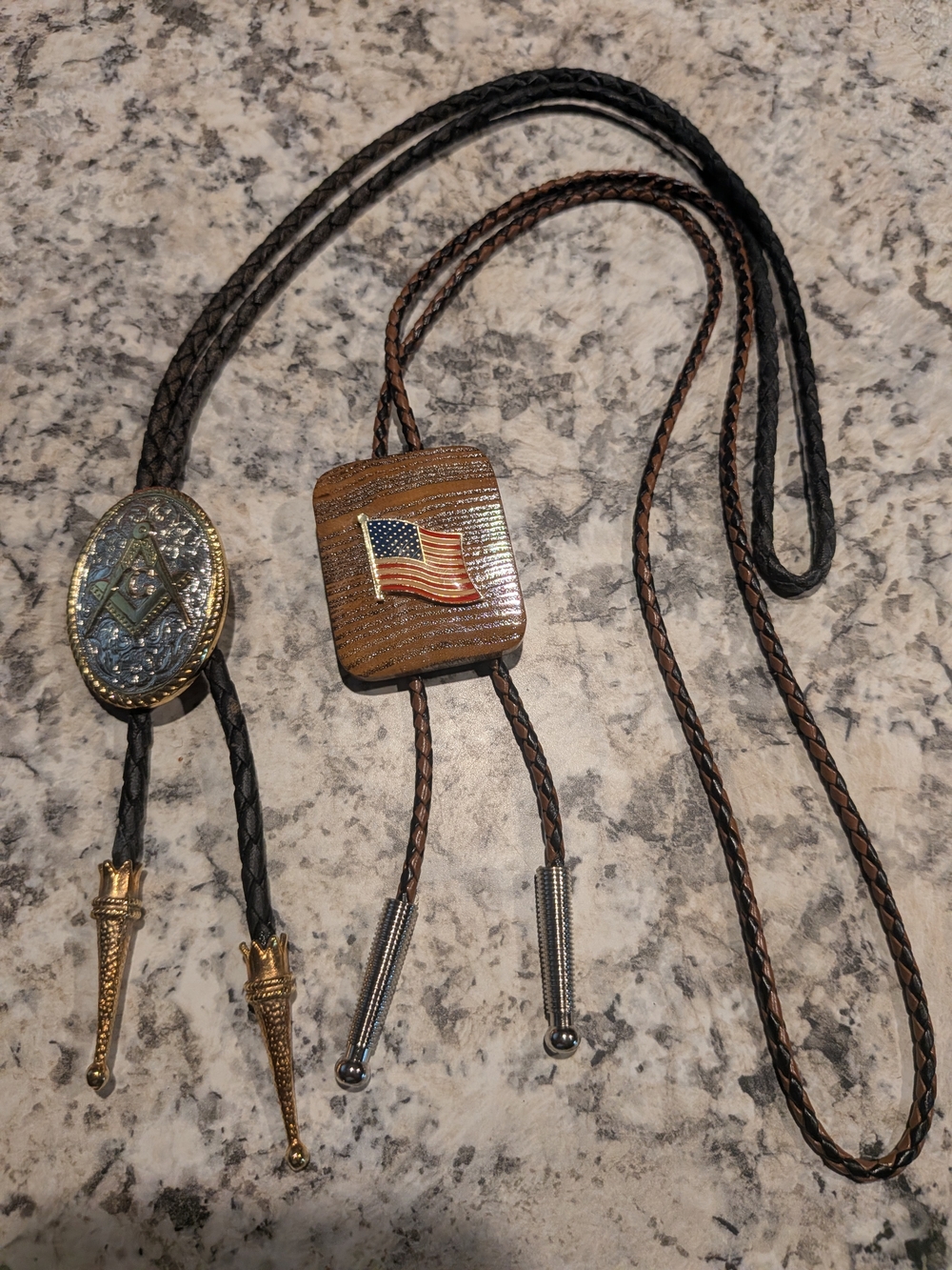 Vintage Bolo Tie with American Flag -Masonic Monogram Symbol  Brown/Black